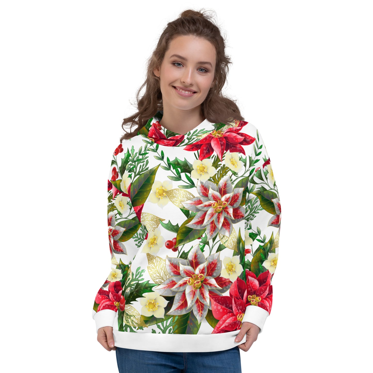 Christmas Themed Gift Hoodie Poinsettia & Holly All-Over Print Unisex Hoodie