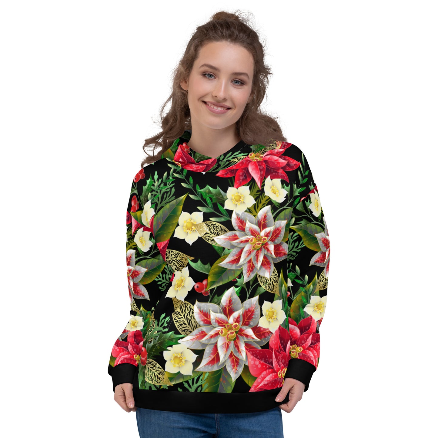 Christmas Themed Gift Hoodie Poinsettia & Holly All-Over Print Unisex Hoodie