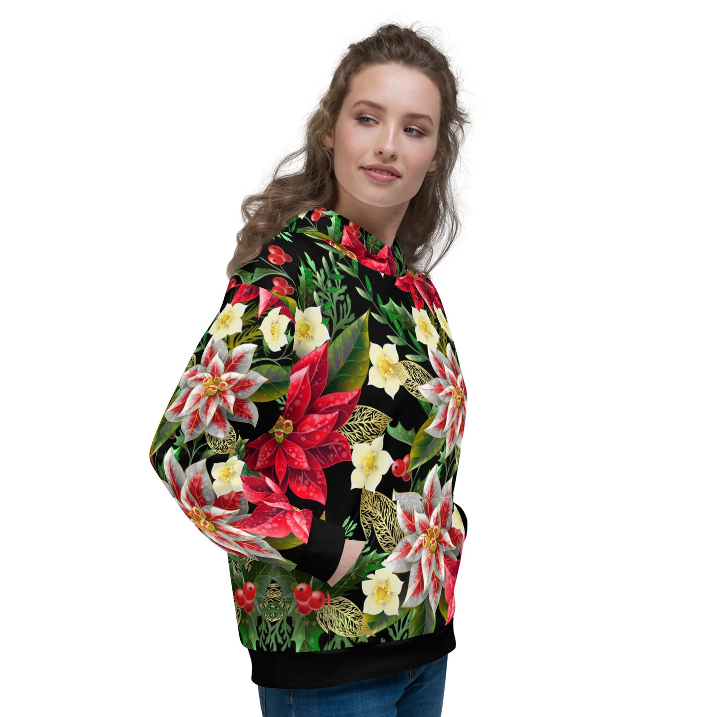 Christmas Themed Gift Hoodie Poinsettia & Holly All-Over Print Unisex Hoodie