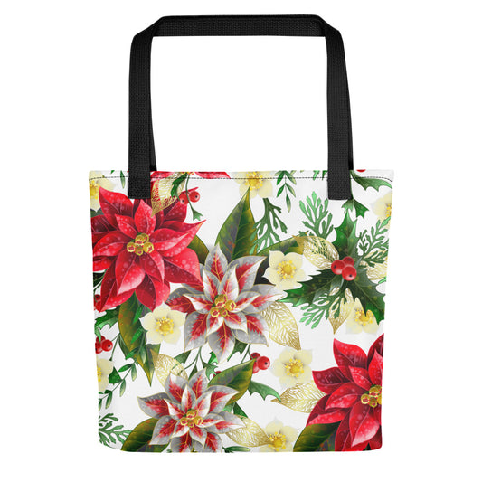 Christmas Tote Bag Shopper Oversized Poinsettia & Holly All-Over Print Tote Bag