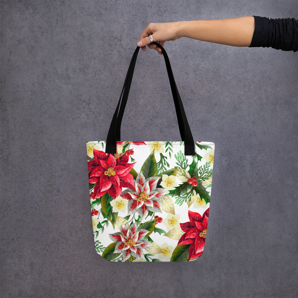 Christmas Tote Bag Shopper Oversized Poinsettia & Holly All-Over Print Tote Bag
