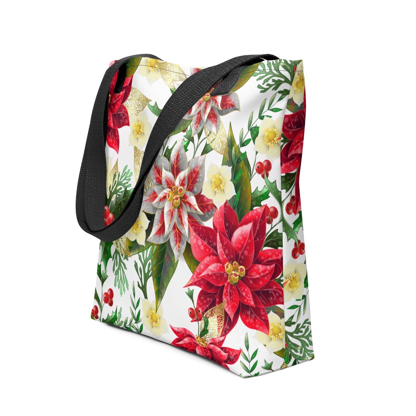 Christmas Tote Bag Shopper Oversized Poinsettia & Holly All-Over Print Tote Bag
