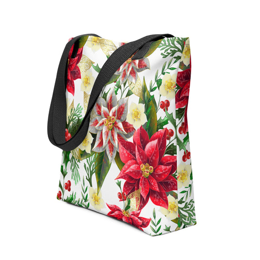 Christmas Tote Bag Shopper Oversized Poinsettia & Holly All-Over Print Tote Bag