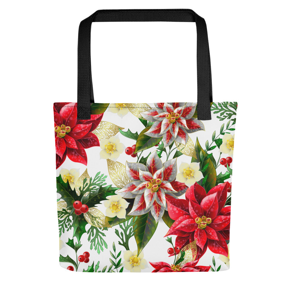 Christmas Tote Bag Shopper Oversized Poinsettia & Holly All-Over Print Tote Bag