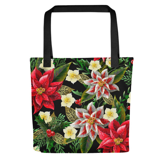 Christmas Tote Bag Shopper Bag Oversized Poinsettia & Holly All-Over Print Tote Bag