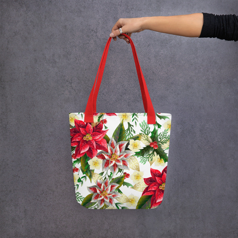 Christmas Tote Bag Shopper Oversized Poinsettia & Holly All-Over Print Tote Bag