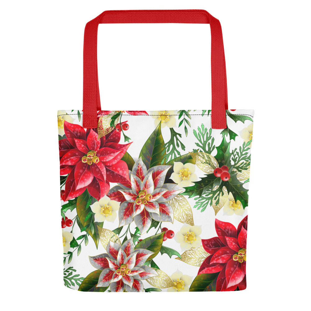 Christmas Tote Bag Shopper Oversized Poinsettia & Holly All-Over Print Tote Bag