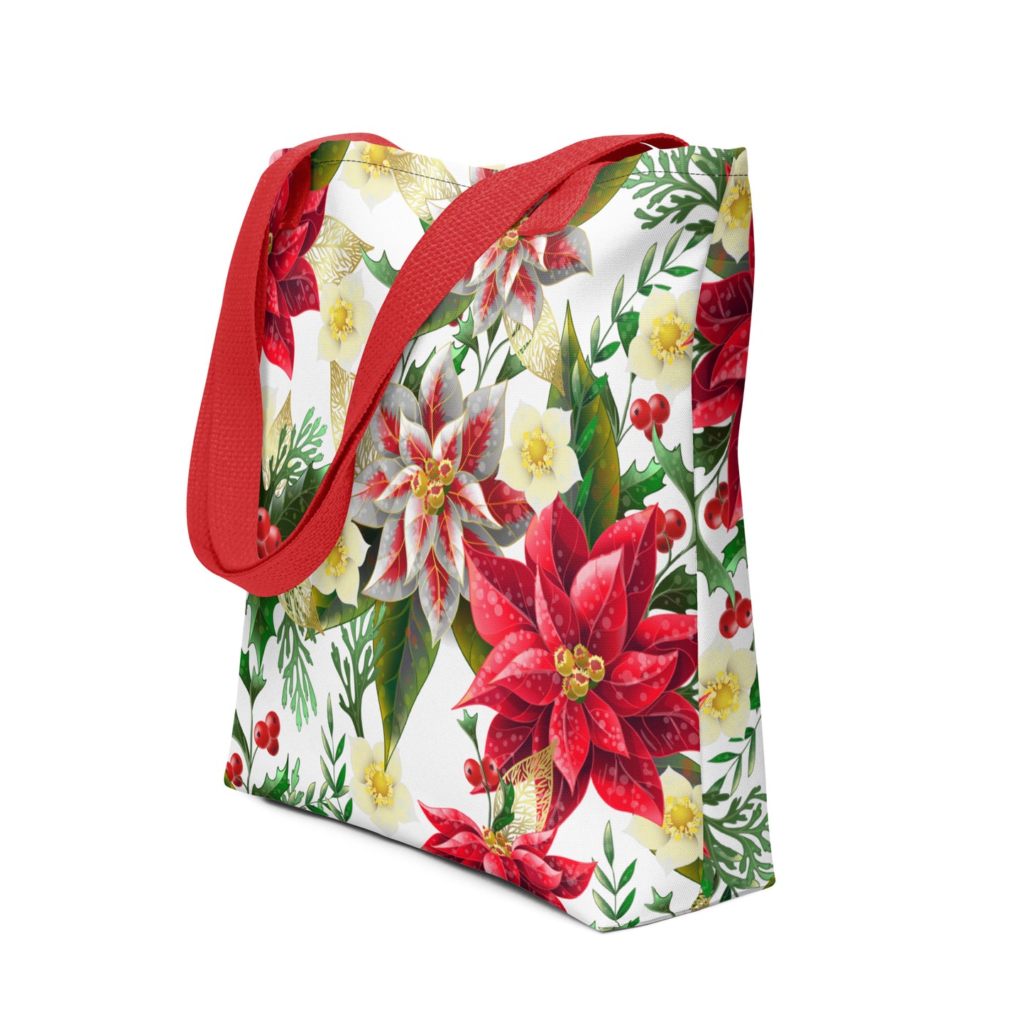 Christmas Tote Bag Shopper Oversized Poinsettia & Holly All-Over Print Tote Bag