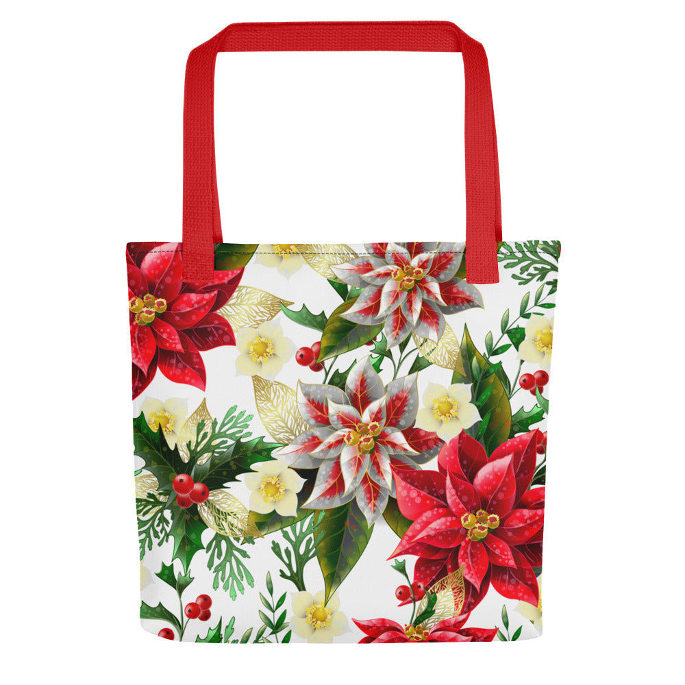 Christmas Tote Bag Shopper Oversized Poinsettia & Holly All-Over Print Tote Bag