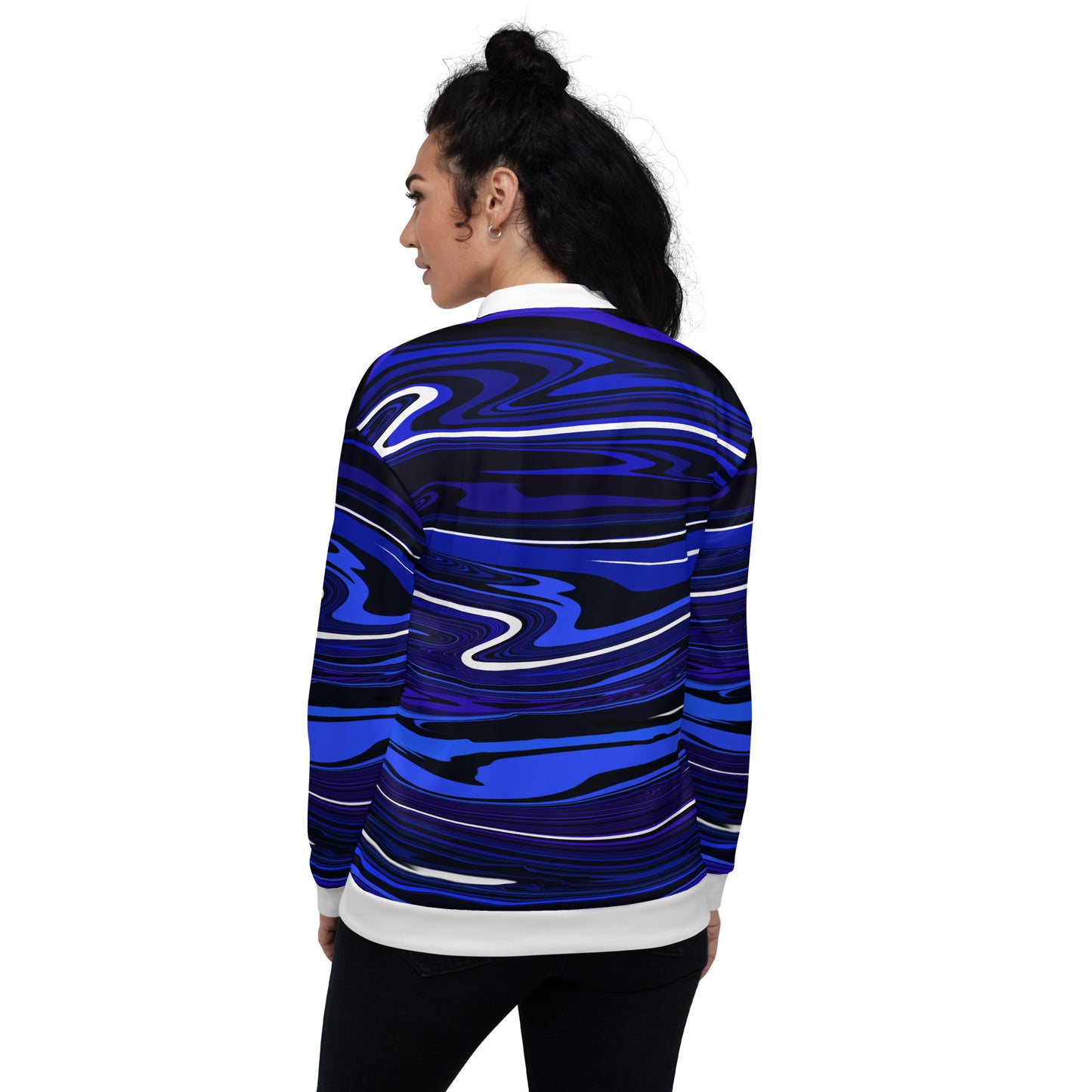Blue Bomber Jacket Monochromatic Abstract Striped All-Over Print Unisex Jacket