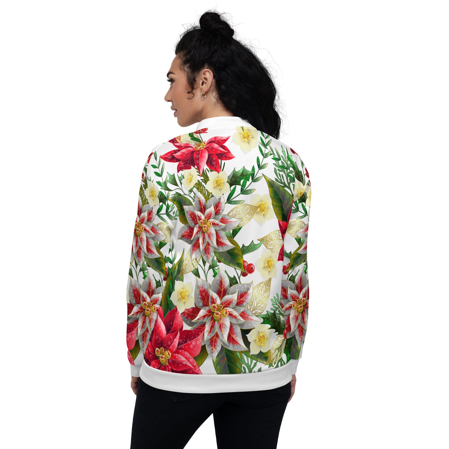 Christmas Party Jacket Oversized Poinsettia & Holly Festive All-Over Print Unisex Bomber Jacket