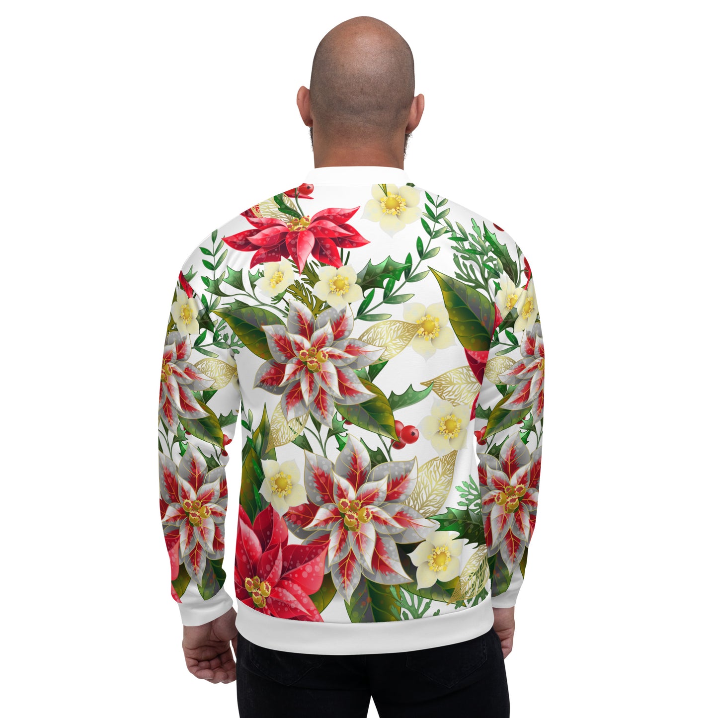 Christmas Party Jacket Oversized Poinsettia & Holly Festive All-Over Print Unisex Bomber Jacket