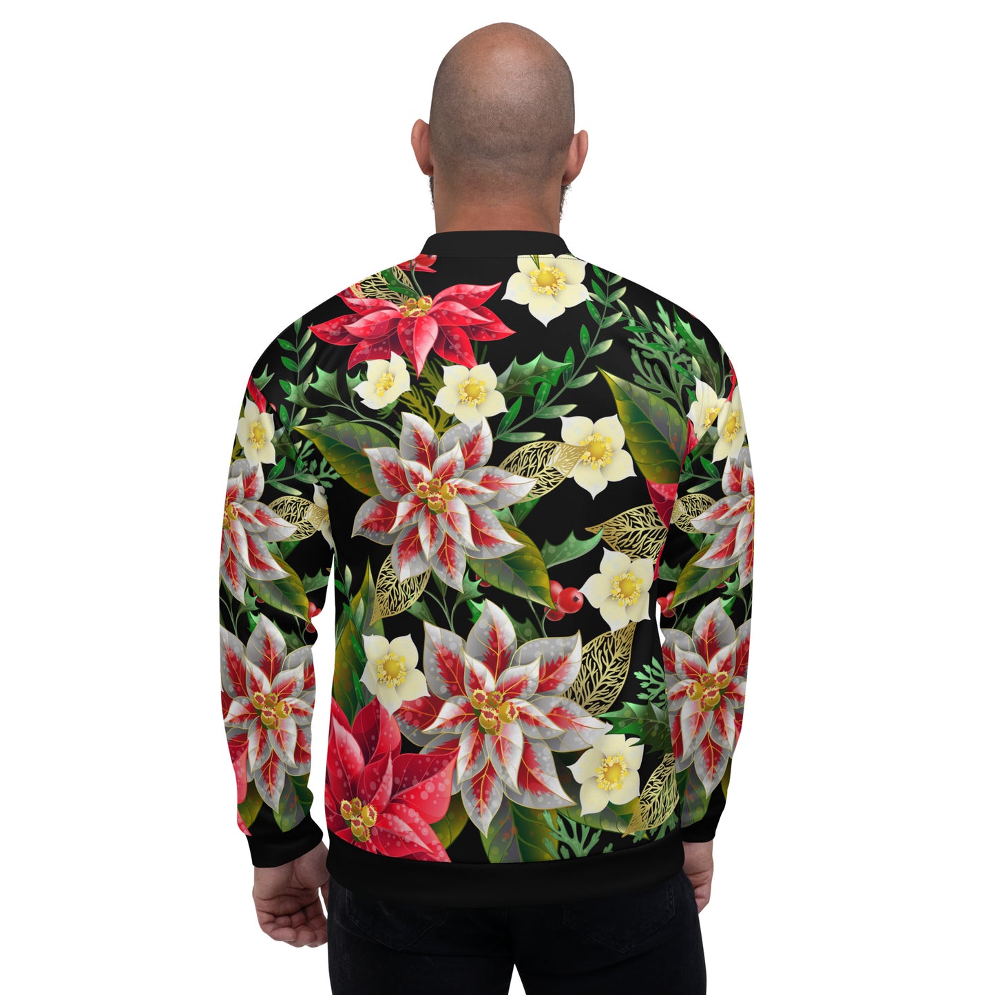 Christmas Party Jacket Oversized Poinsettia & Holly Festive All-Over Print Unisex Bomber Jacket