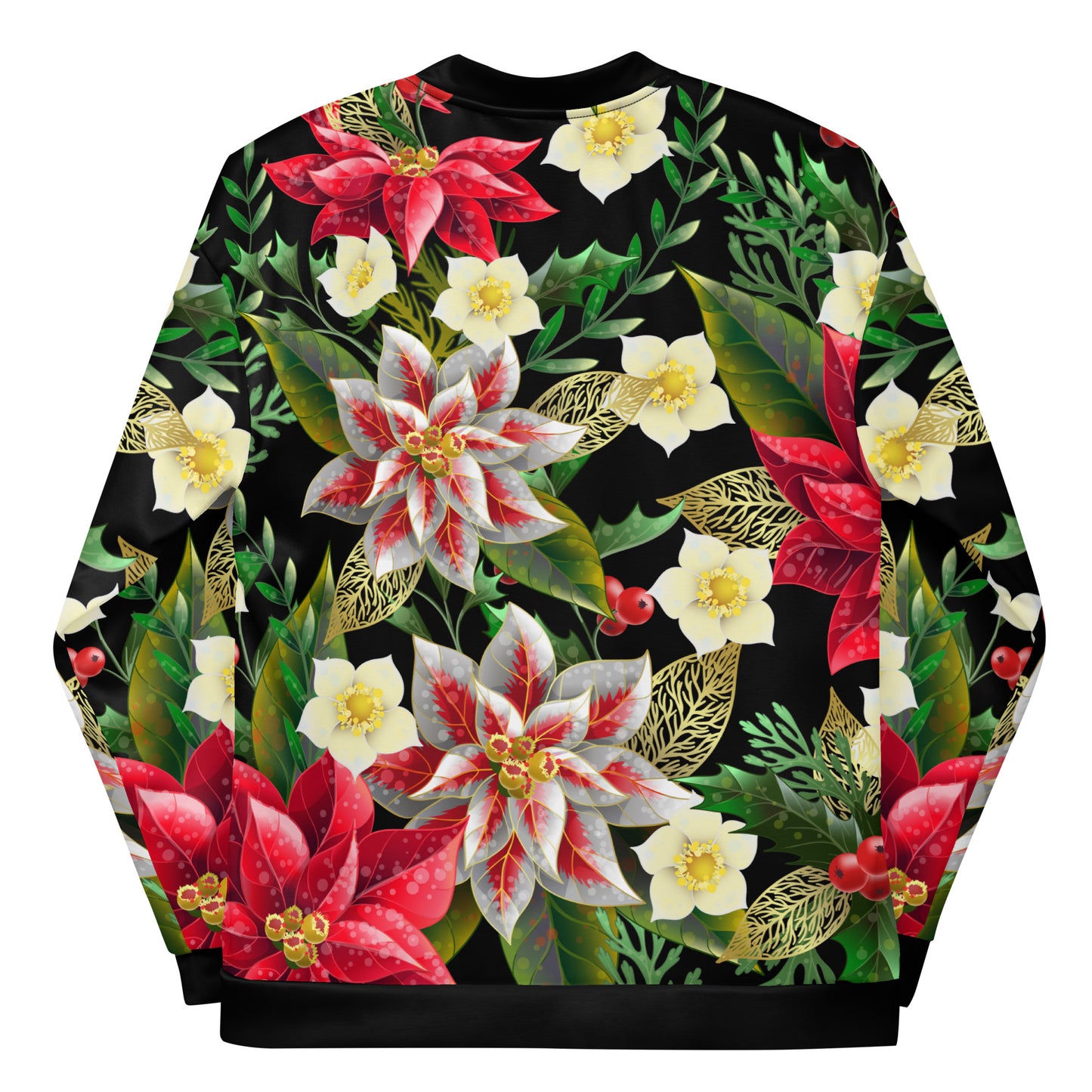 Christmas Party Jacket Oversized Poinsettia & Holly Festive All-Over Print Unisex Bomber Jacket