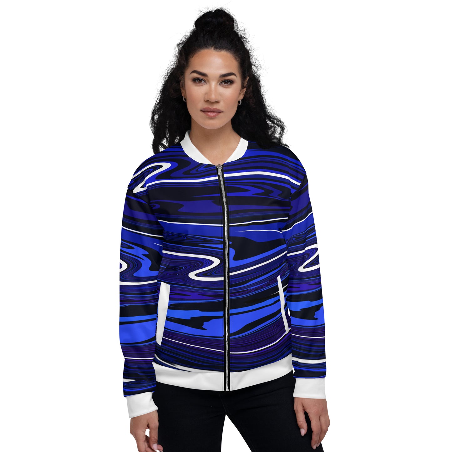 Blue Bomber Jacket Monochromatic Abstract Striped All-Over Print Unisex Jacket