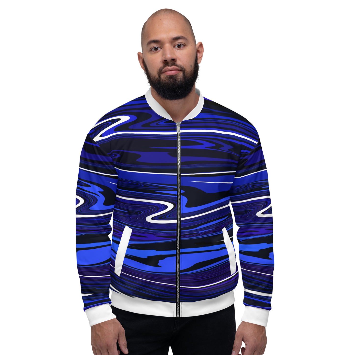 Blue Bomber Jacket Monochromatic Abstract Striped All-Over Print Unisex Jacket
