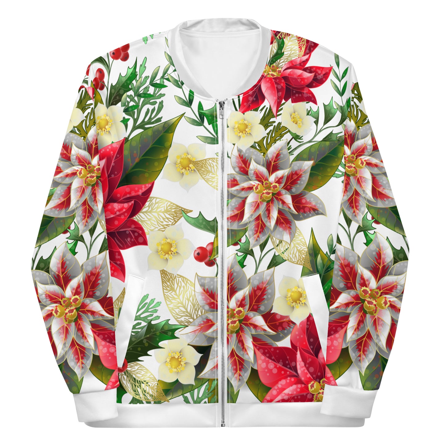Christmas Party Jacket Oversized Poinsettia & Holly Festive All-Over Print Unisex Bomber Jacket