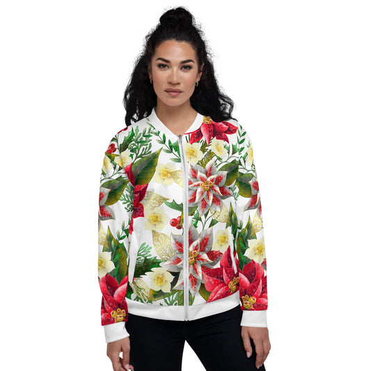 Christmas Party Jacket Oversized Poinsettia & Holly Festive All-Over Print Unisex Bomber Jacket