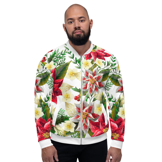 Christmas Party Jacket Oversized Poinsettia & Holly Festive All-Over Print Unisex Bomber Jacket