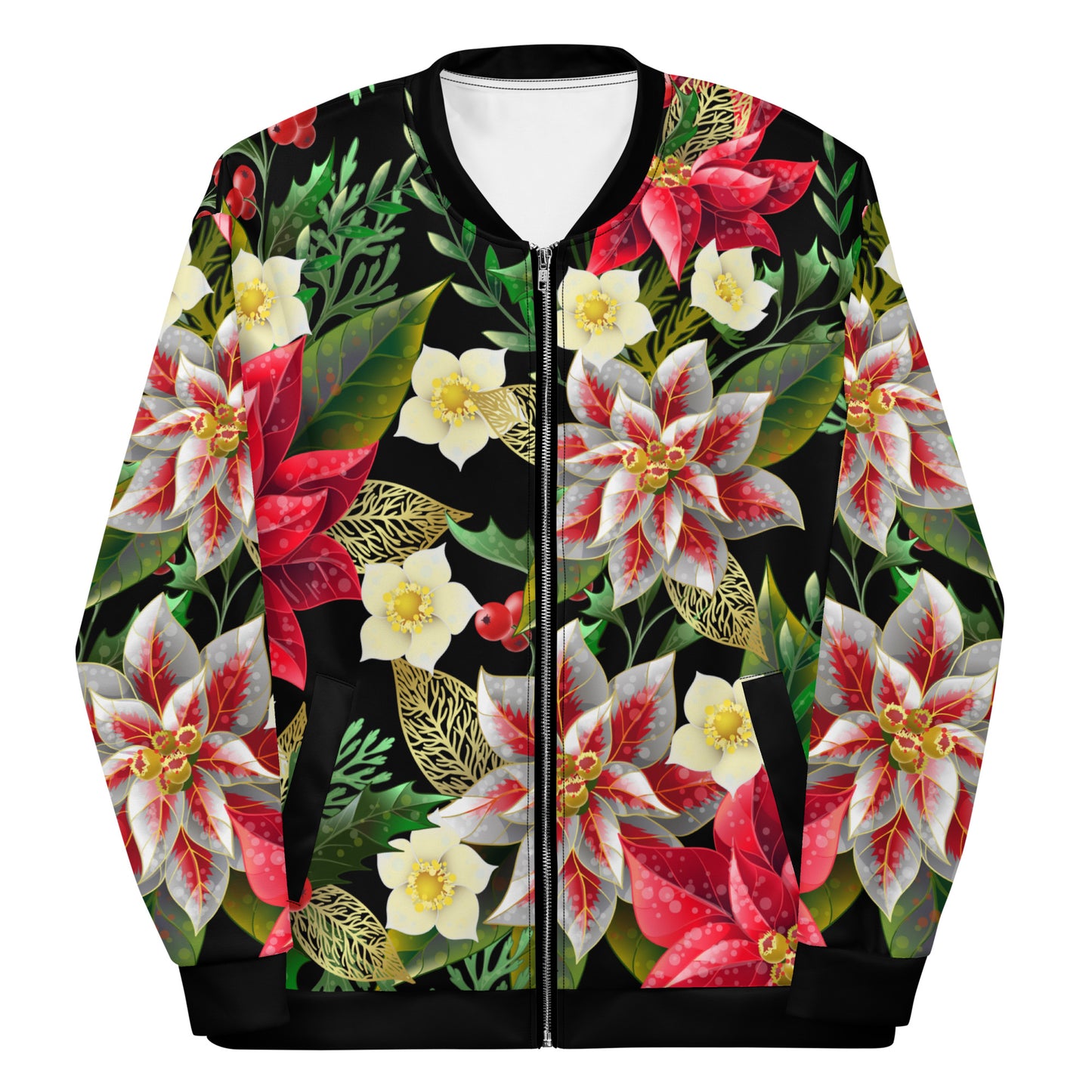 Christmas Party Jacket Oversized Poinsettia & Holly Festive All-Over Print Unisex Bomber Jacket