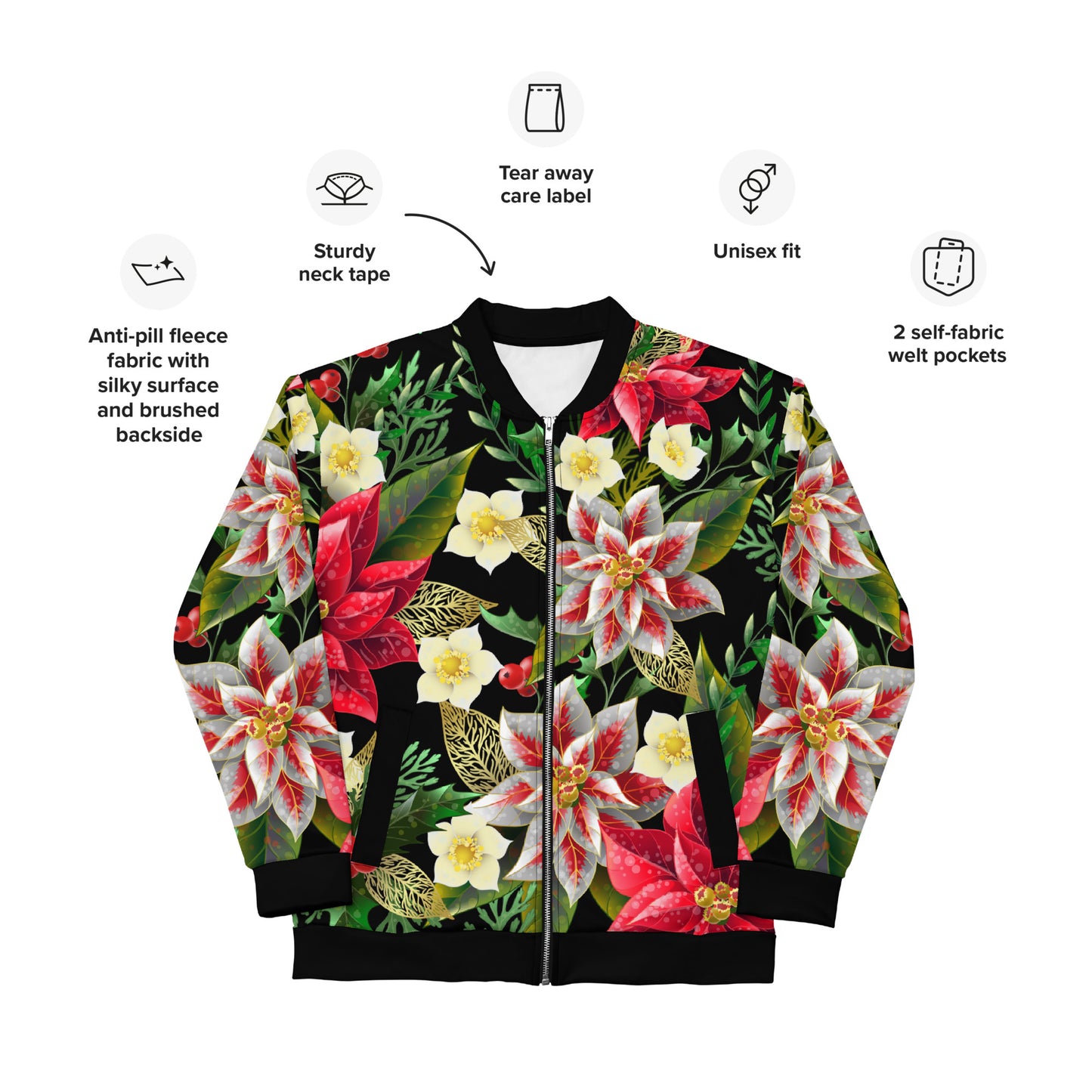 Christmas Party Jacket Oversized Poinsettia & Holly Festive All-Over Print Unisex Bomber Jacket