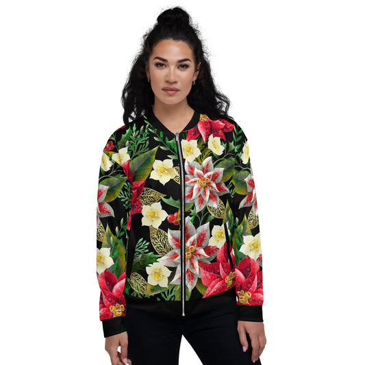 Christmas Party Jacket Oversized Poinsettia & Holly Festive All-Over Print Unisex Bomber Jacket