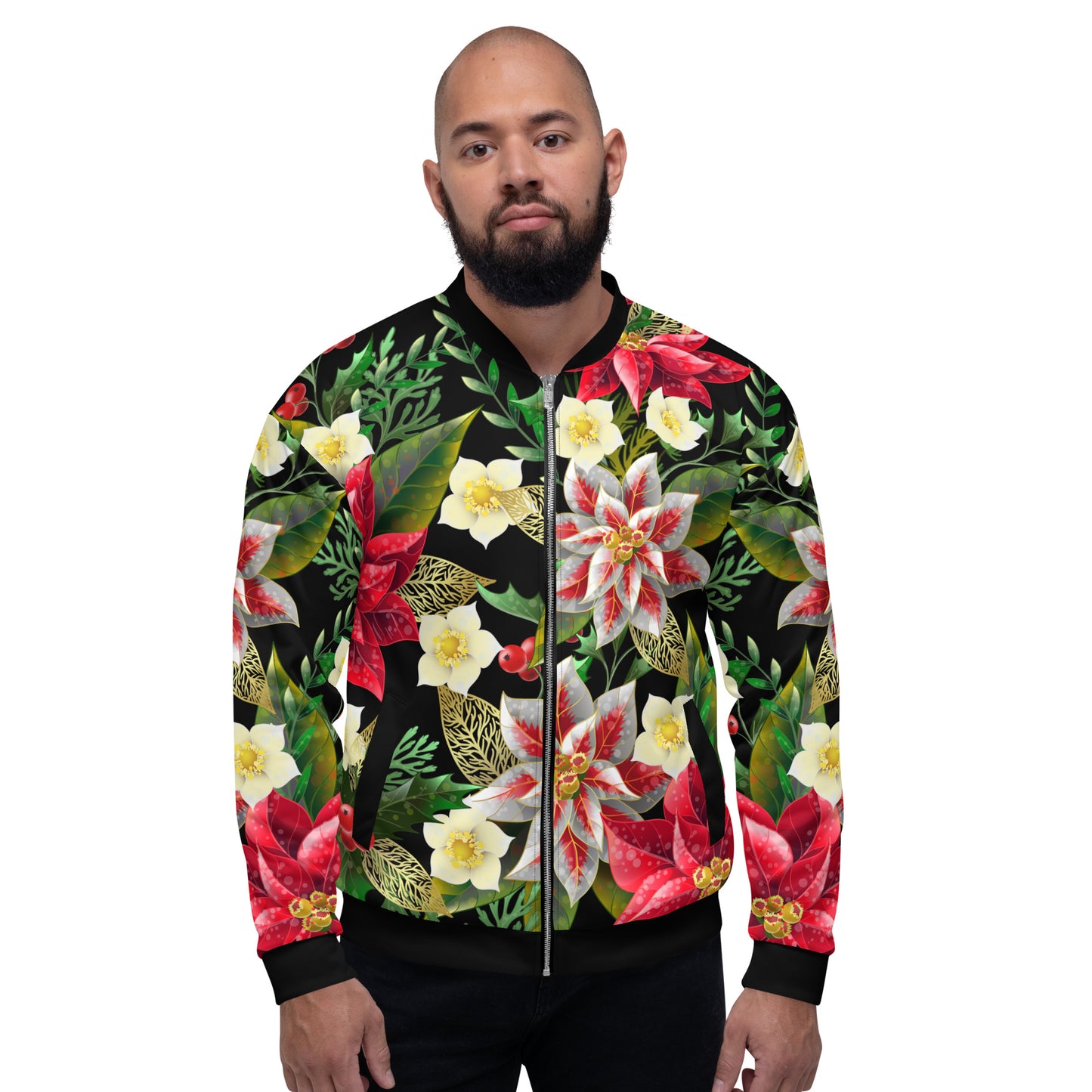 Christmas Party Jacket Oversized Poinsettia & Holly Festive All-Over Print Unisex Bomber Jacket