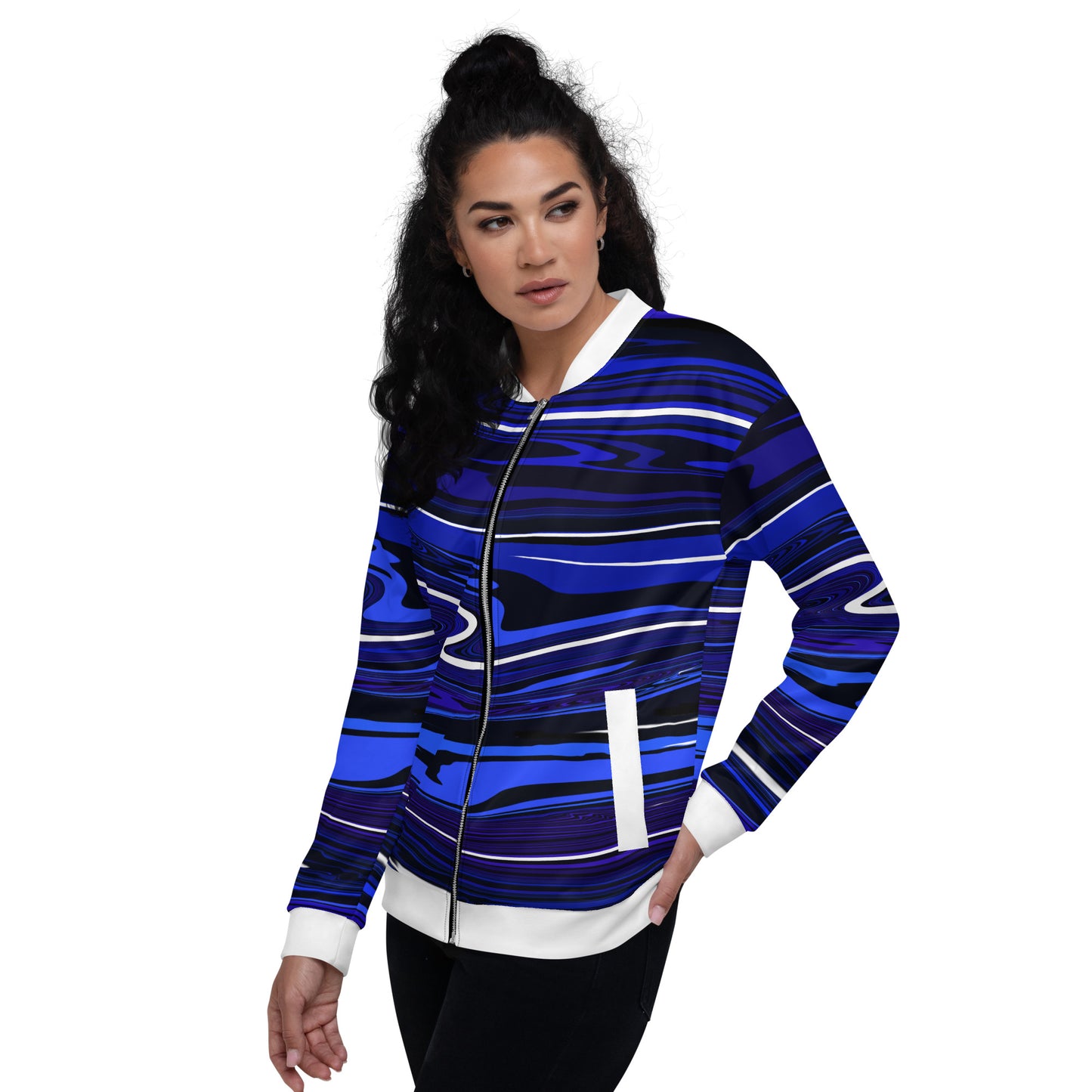 Blue Bomber Jacket Monochromatic Abstract Striped All-Over Print Unisex Jacket