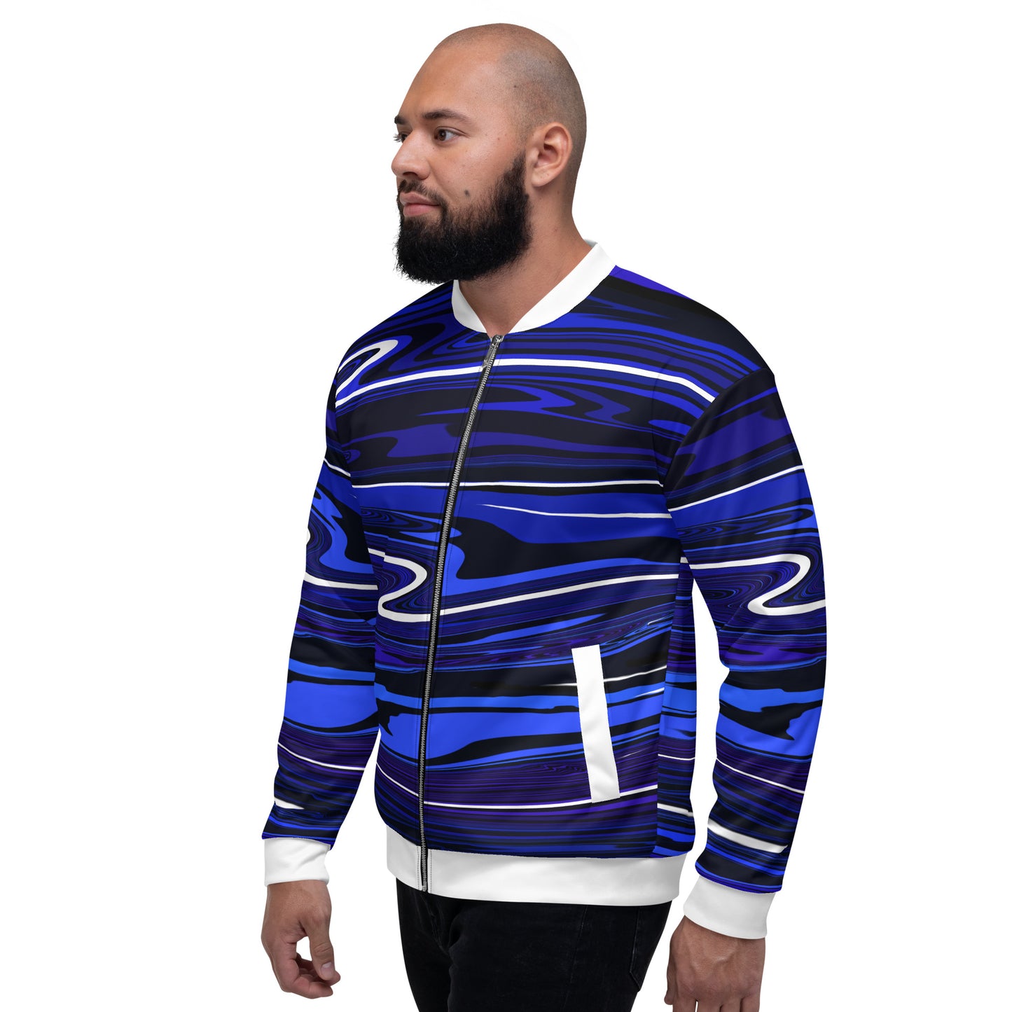 Blue Bomber Jacket Monochromatic Abstract Striped All-Over Print Unisex Jacket