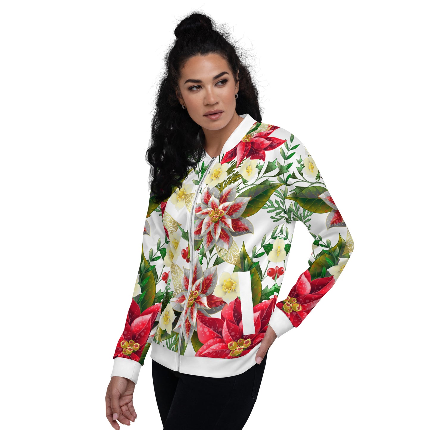 Christmas Party Jacket Oversized Poinsettia & Holly Festive All-Over Print Unisex Bomber Jacket