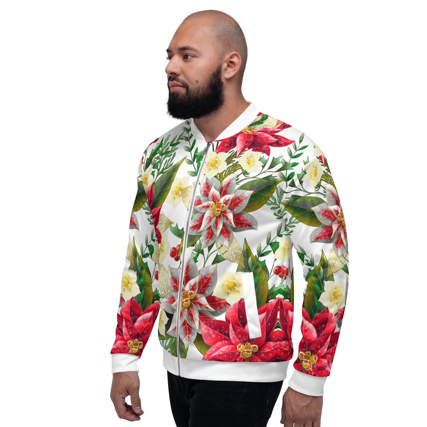 Christmas Party Jacket Oversized Poinsettia & Holly Festive All-Over Print Unisex Bomber Jacket
