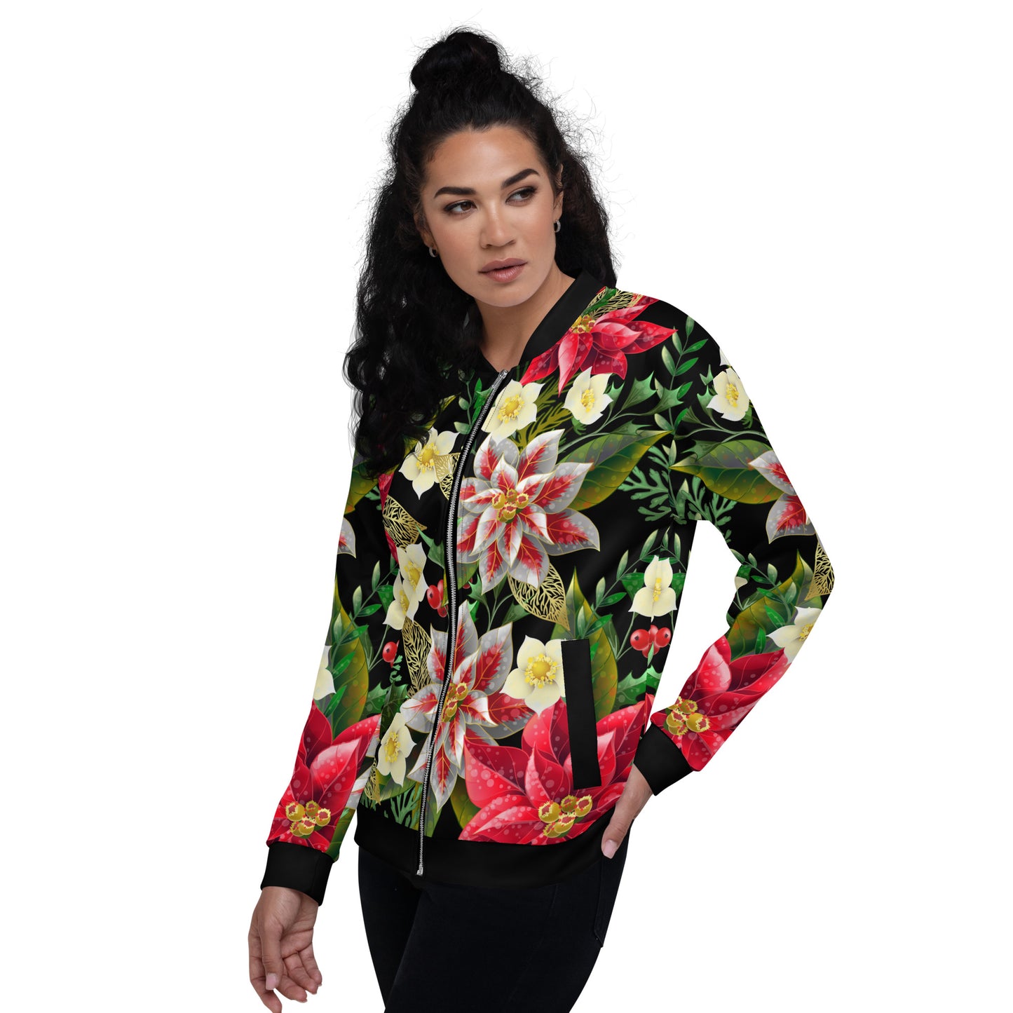 Christmas Party Jacket Oversized Poinsettia & Holly Festive All-Over Print Unisex Bomber Jacket