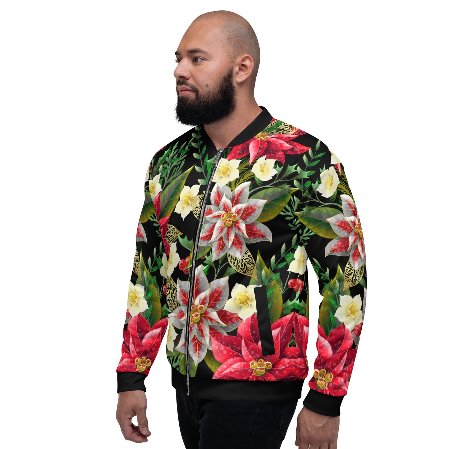 Christmas Party Jacket Oversized Poinsettia & Holly Festive All-Over Print Unisex Bomber Jacket