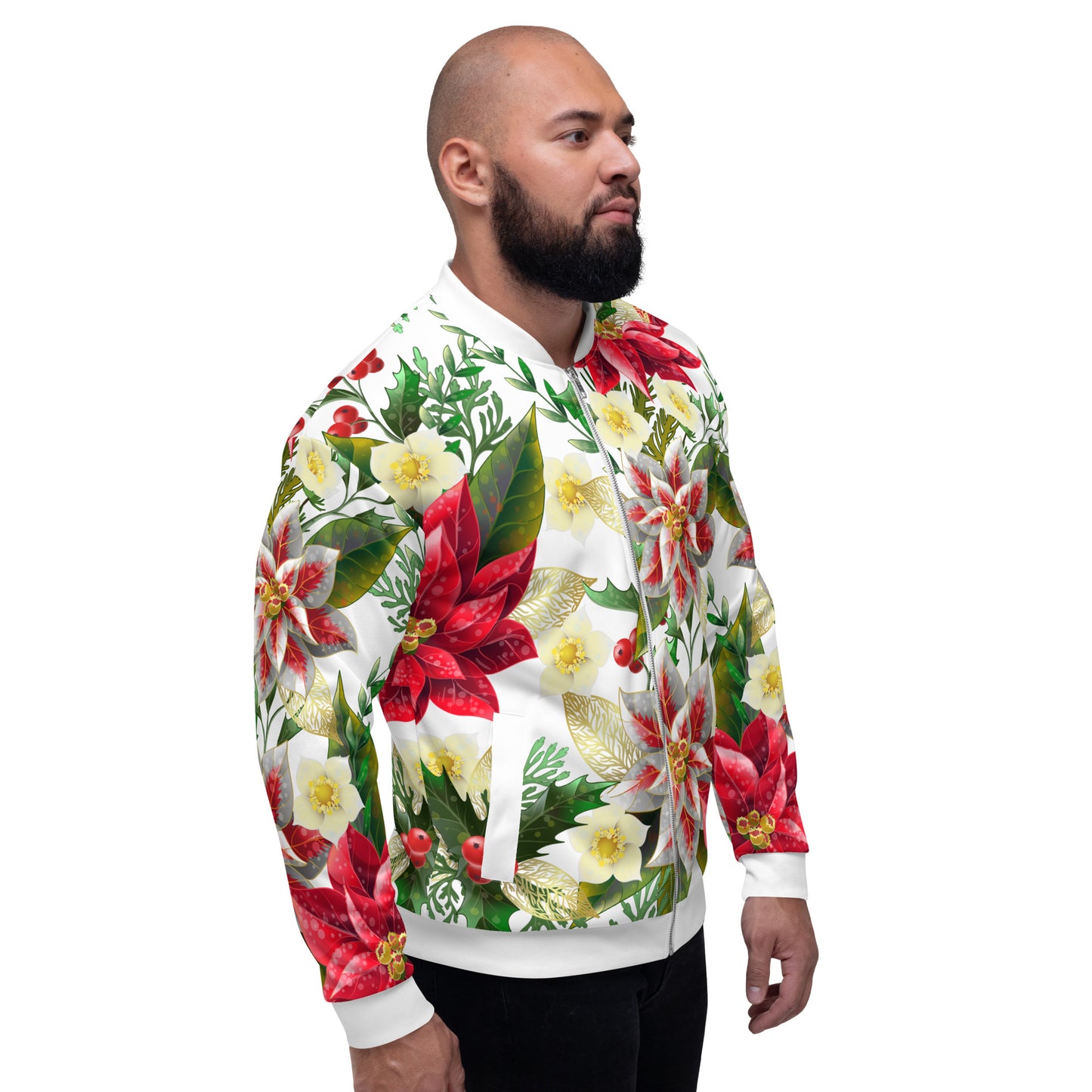 Christmas Party Jacket Oversized Poinsettia & Holly Festive All-Over Print Unisex Bomber Jacket