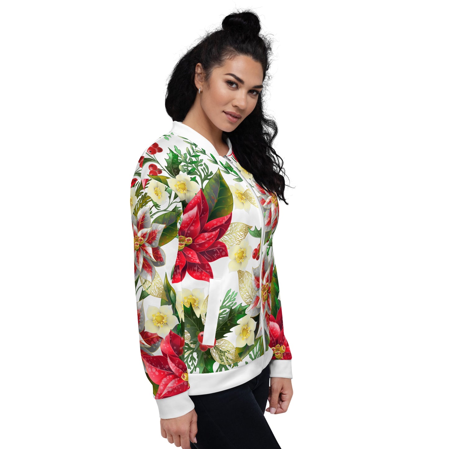 Christmas Party Jacket Oversized Poinsettia & Holly Festive All-Over Print Unisex Bomber Jacket