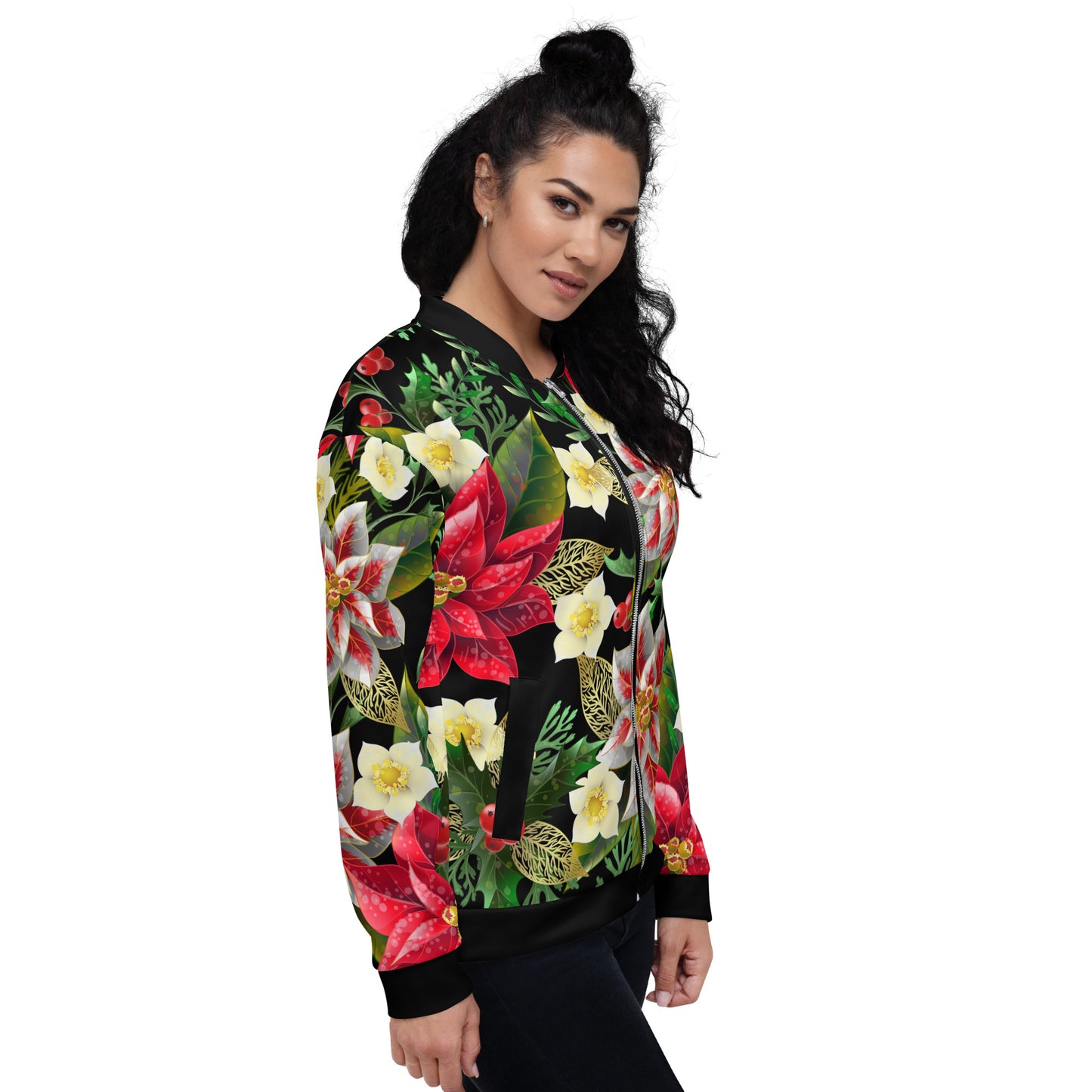 Christmas Party Jacket Oversized Poinsettia & Holly Festive All-Over Print Unisex Bomber Jacket