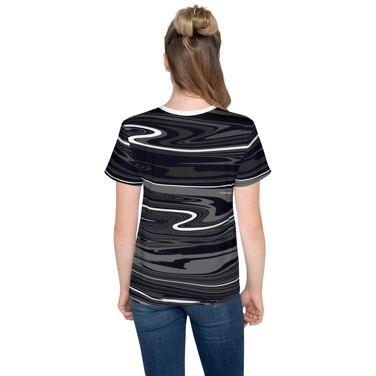 Grey Black Youth TShirt Monochromatic Abstract Striped All Over Print Youth Crew Neck T Shirt