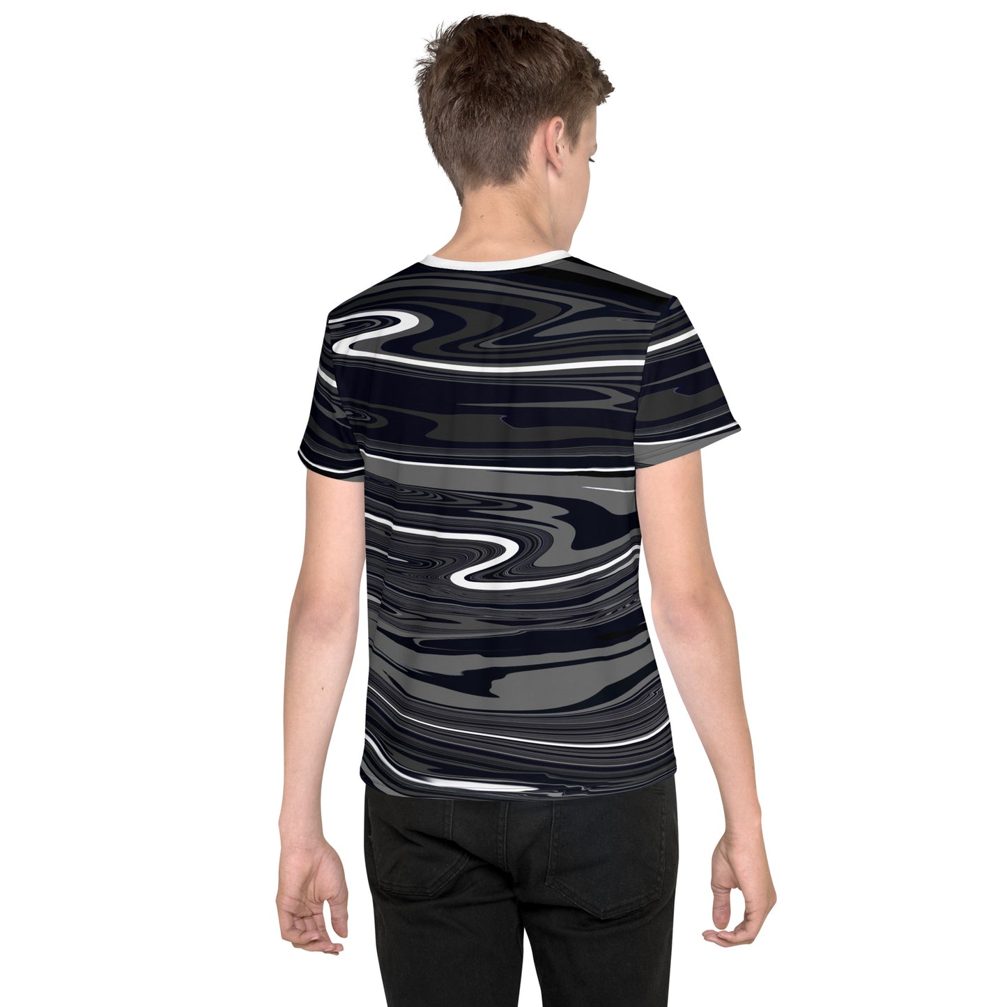 Grey Black Youth TShirt Monochromatic Abstract Striped All Over Print Youth Crew Neck T Shirt