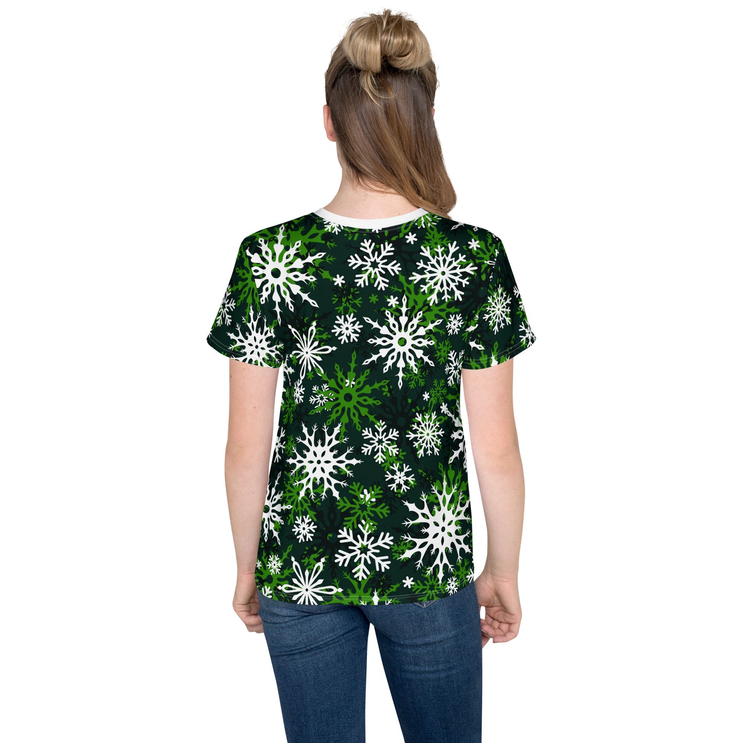 Youth's Christmas TShirt Green Snowflake Festive Oversized All-Over Print Unisex Kids T-Shirt