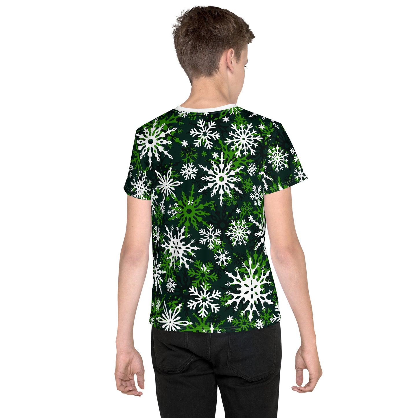 Youth's Christmas TShirt Green Snowflake Festive Oversized All-Over Print Unisex Kids T-Shirt