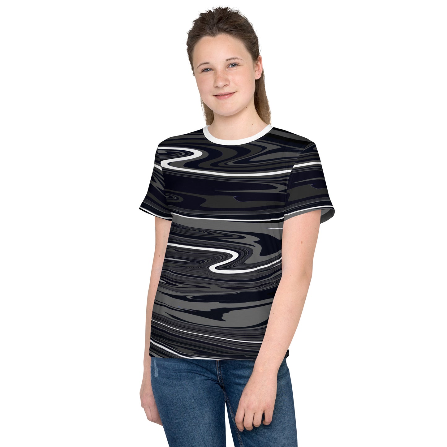 Grey Black Youth TShirt Monochromatic Abstract Striped All Over Print Youth Crew Neck T Shirt