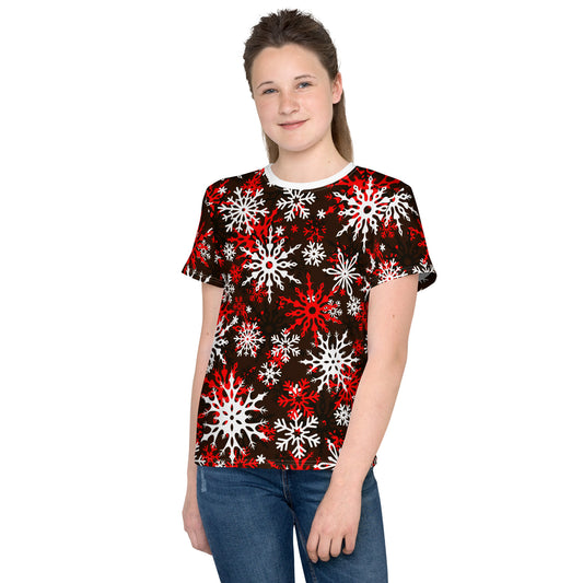 Youth's Christmas TShirt Red Snowflake Festive Oversized All-Over Print Unisex Kids T-Shirt