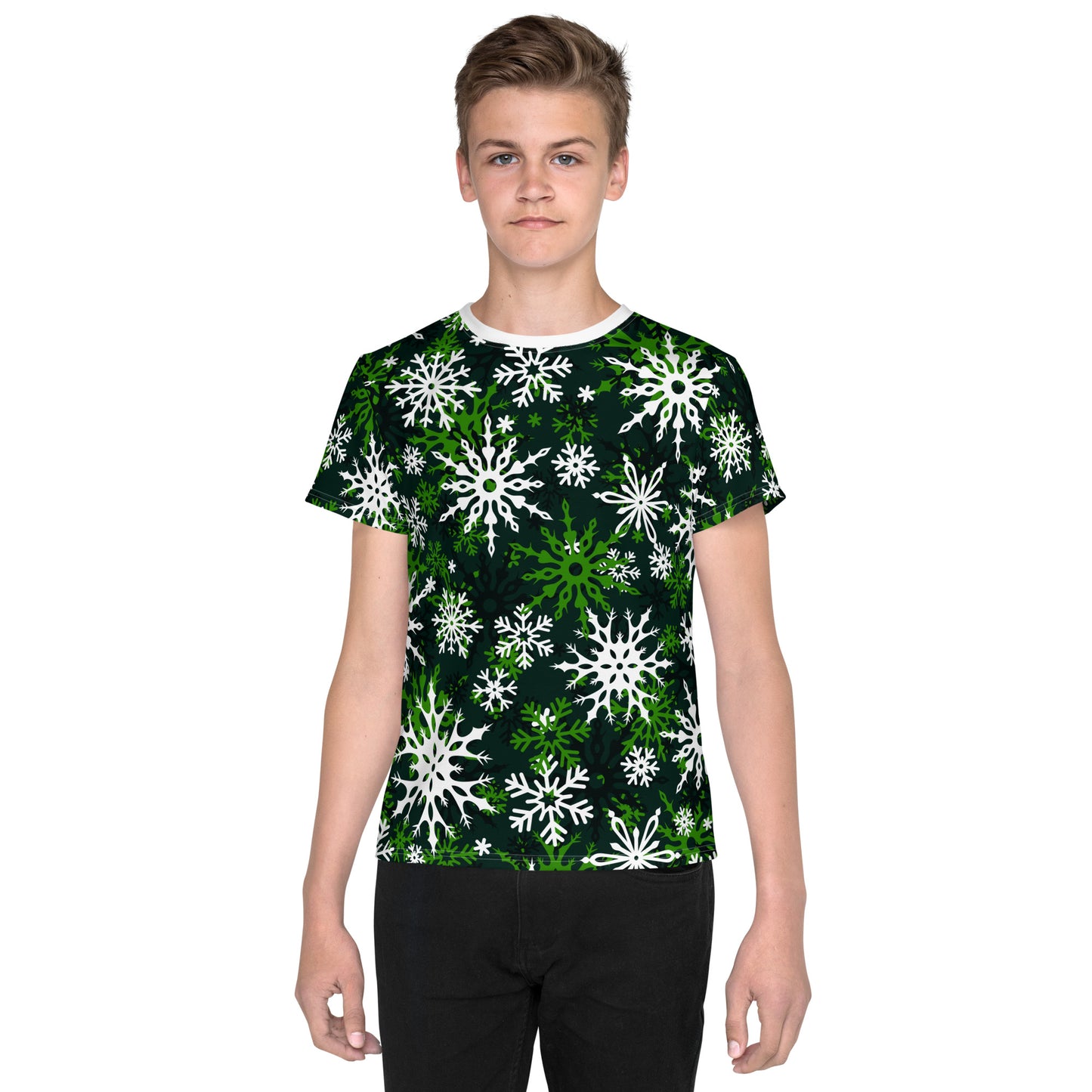 Youth's Christmas TShirt Green Snowflake Festive Oversized All-Over Print Unisex Kids T-Shirt