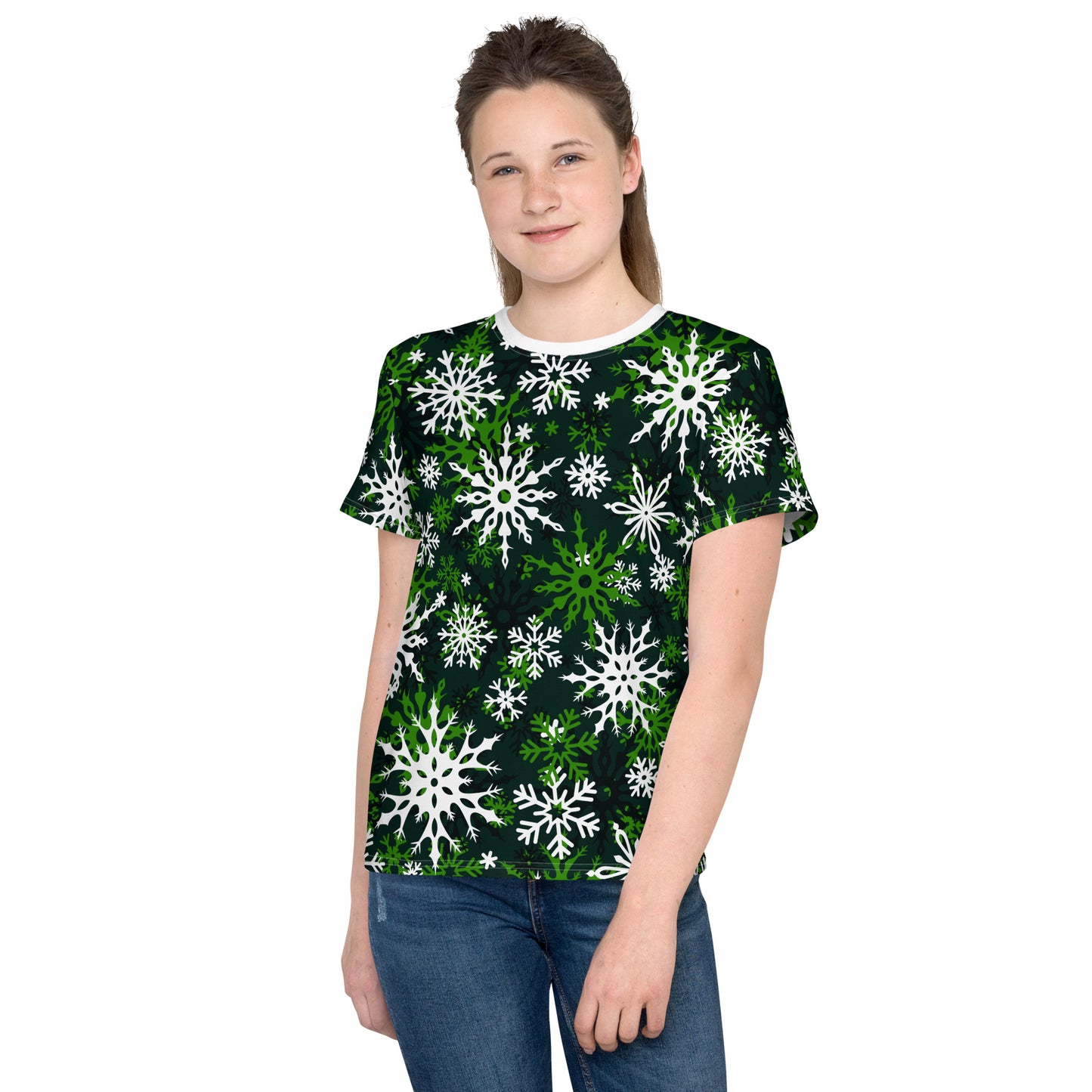 Youth's Christmas TShirt Green Snowflake Festive Oversized All-Over Print Unisex Kids T-Shirt
