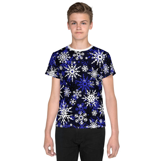 Youth's Christmas TShirt Blue Snowflake Festive Oversized All-Over Print Unisex Kids T-Shirt