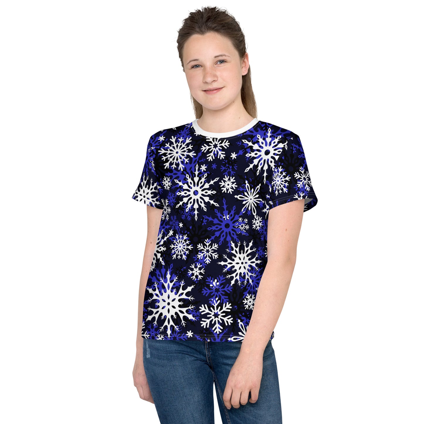 Youth's Christmas TShirt Blue Snowflake Festive Oversized All-Over Print Unisex Kids T-Shirt