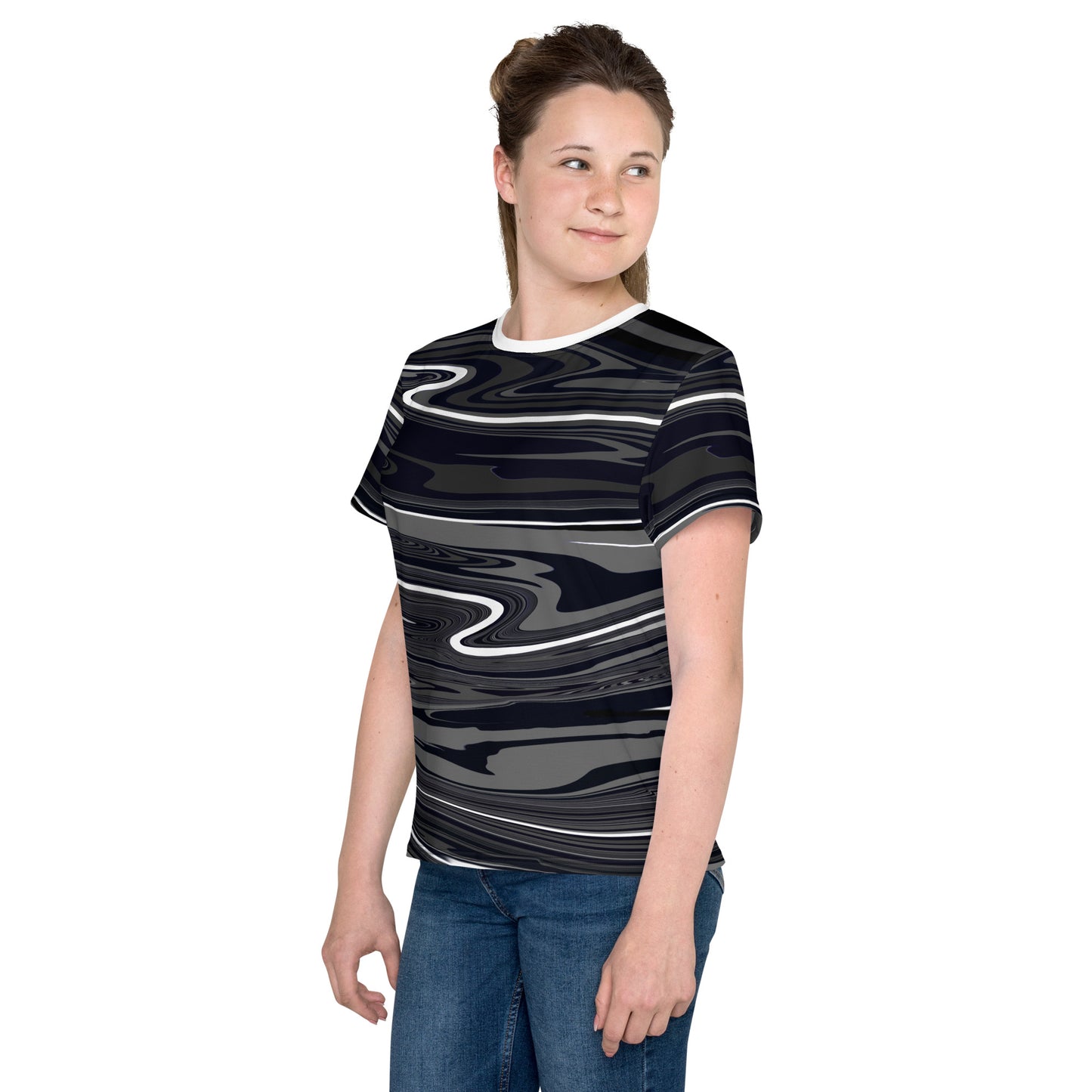 Grey Black Youth TShirt Monochromatic Abstract Striped All Over Print Youth Crew Neck T Shirt