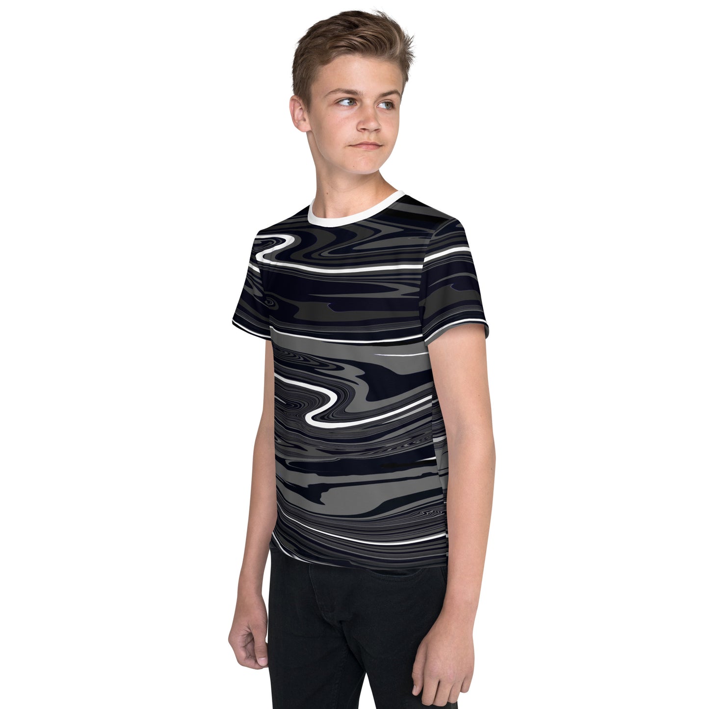Grey Black Youth TShirt Monochromatic Abstract Striped All Over Print Youth Crew Neck T Shirt