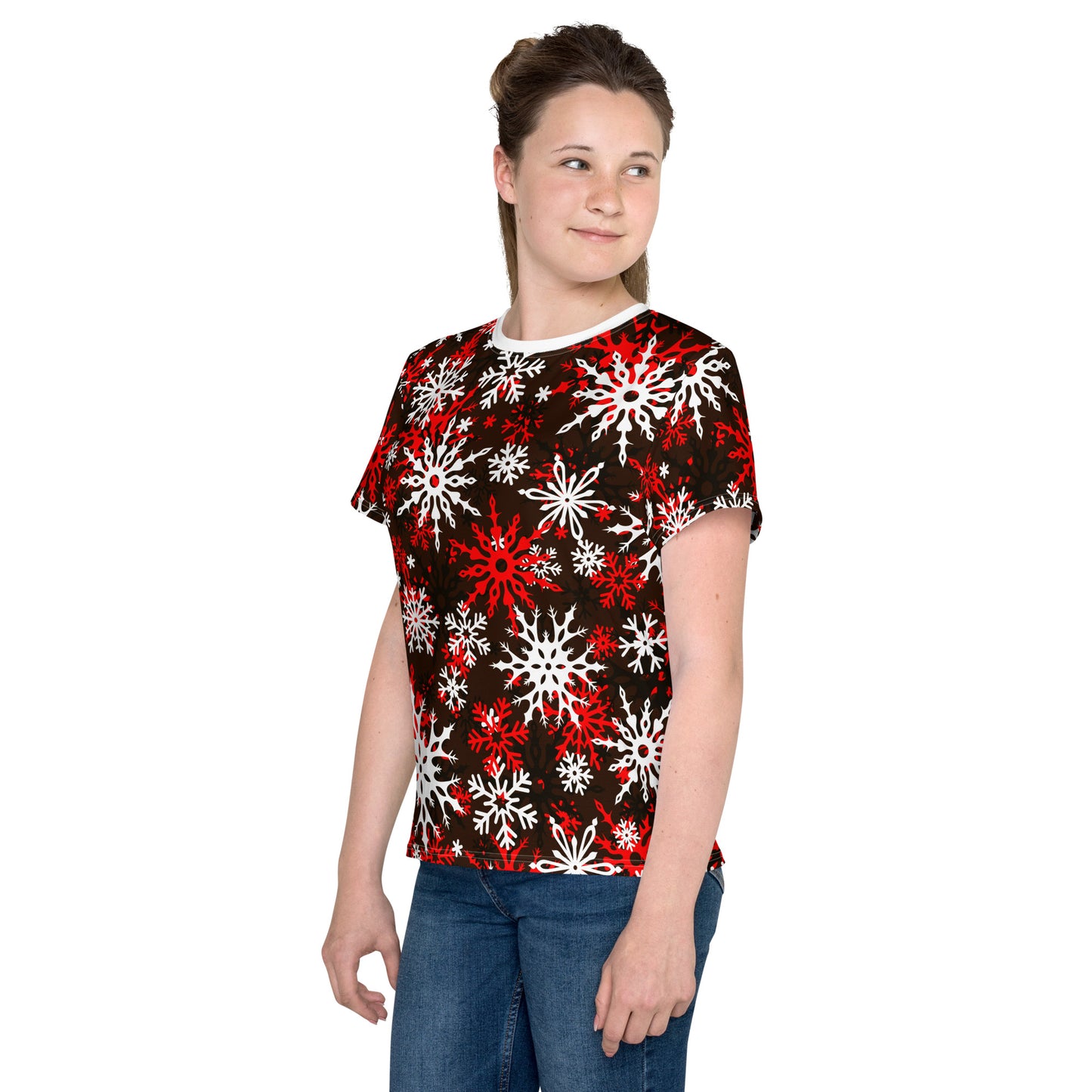 Youth's Christmas TShirt Red Snowflake Festive Oversized All-Over Print Unisex Kids T-Shirt
