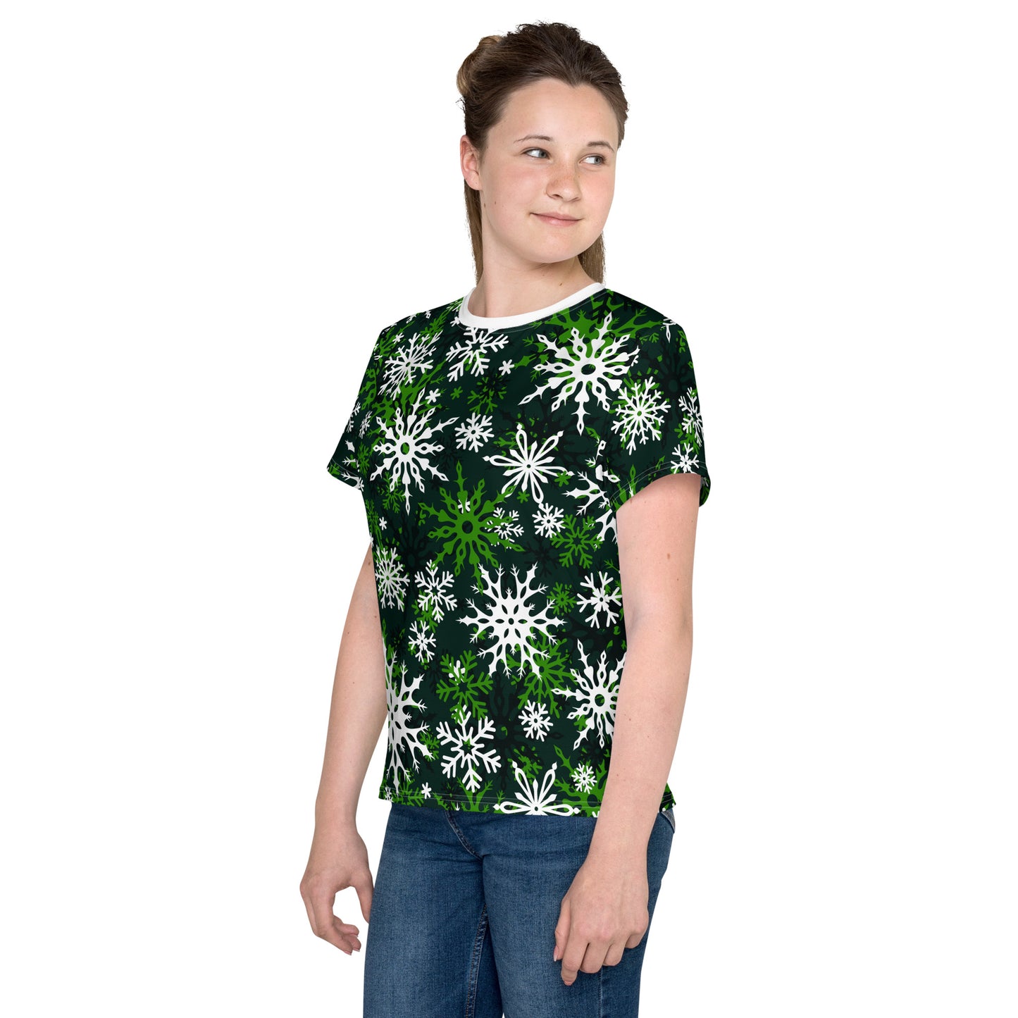 Youth's Christmas TShirt Green Snowflake Festive Oversized All-Over Print Unisex Kids T-Shirt